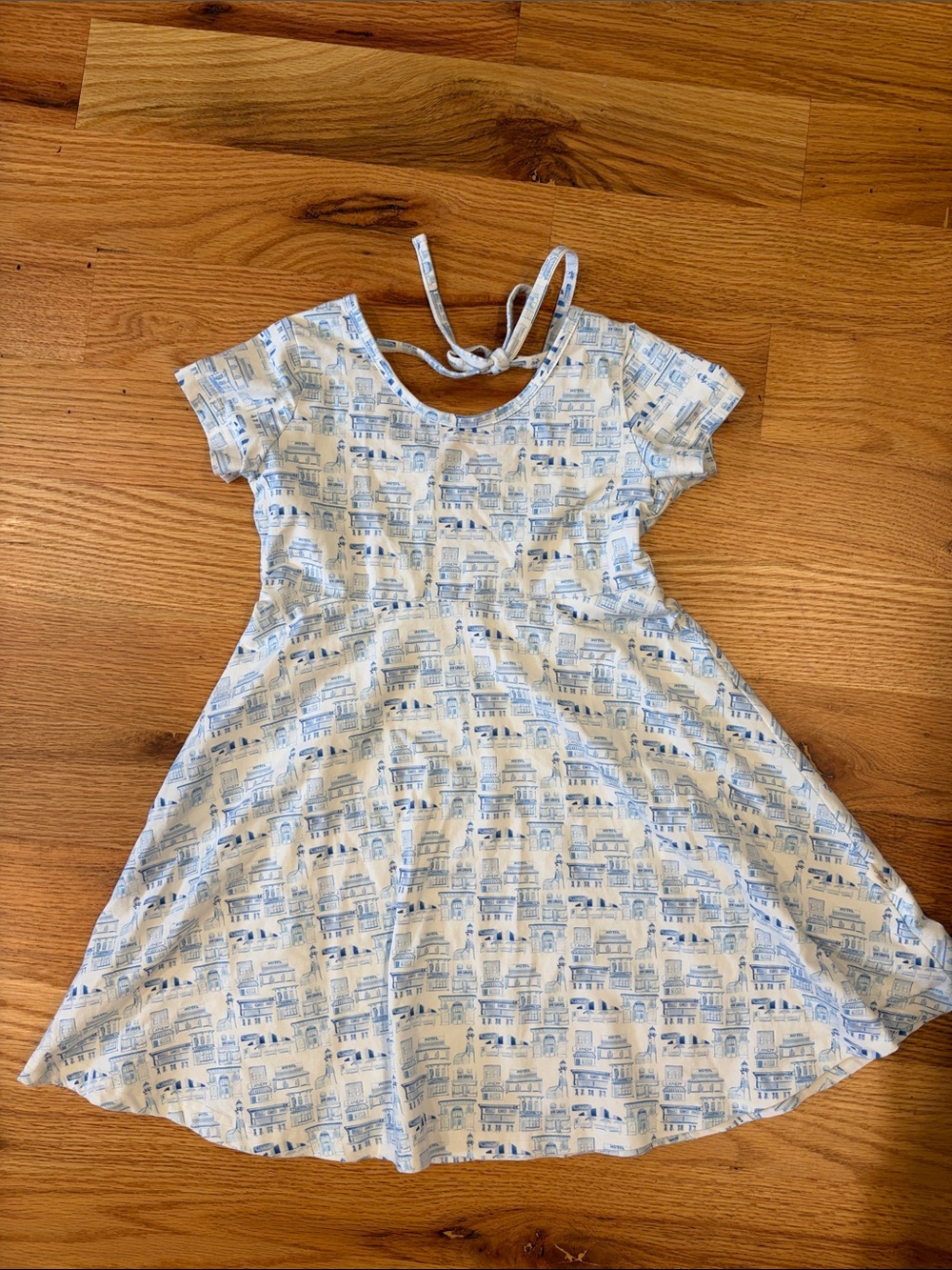 Girls' Light Blue & White Printed Tie-Back Casual Dress